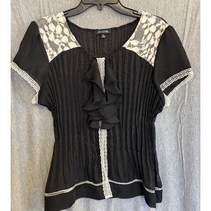 Notations Sheer Pleated Ruffle Blouse Black White Lace Coquette Romantic Goth